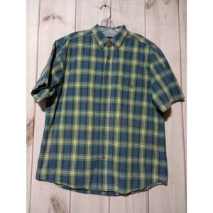 Bit and Bridle Shirt Men's Large Chambray Blue Green Button Front Short Sleeve